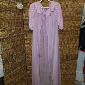 VTG ILGWU Chiffon Sheer Robe Lace Sleeves Ties Sz M Pink full Length Embroidered